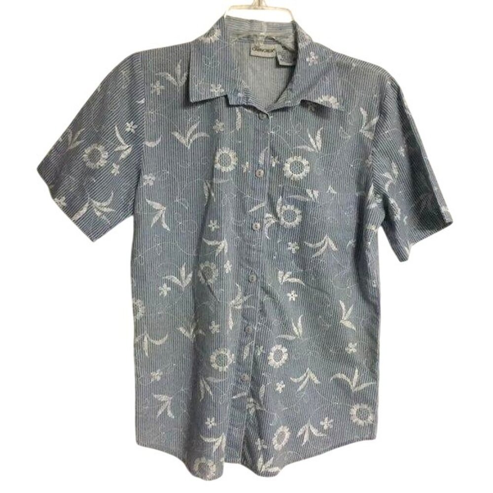 Cabin Creek Blouse Womens S Blue Floral Stripe Short Sleeve Made in USA